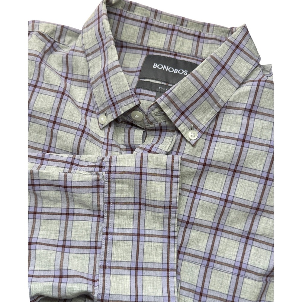 Bonobos Button Down Shirt Mens Large Long Purple Plaid‎ Slim Fit Long Sleeve